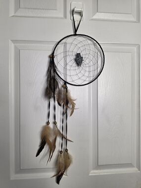 Handmade Black Dreamcatcher with Natural Brown Feathers